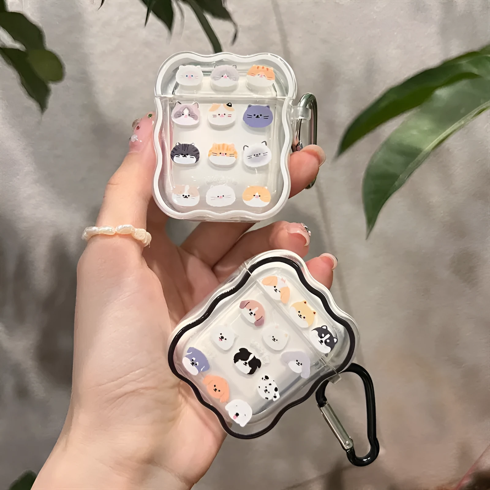 Transparent TPU protective case for AirPods 3 with cute dog and cat full-screen print and black edge