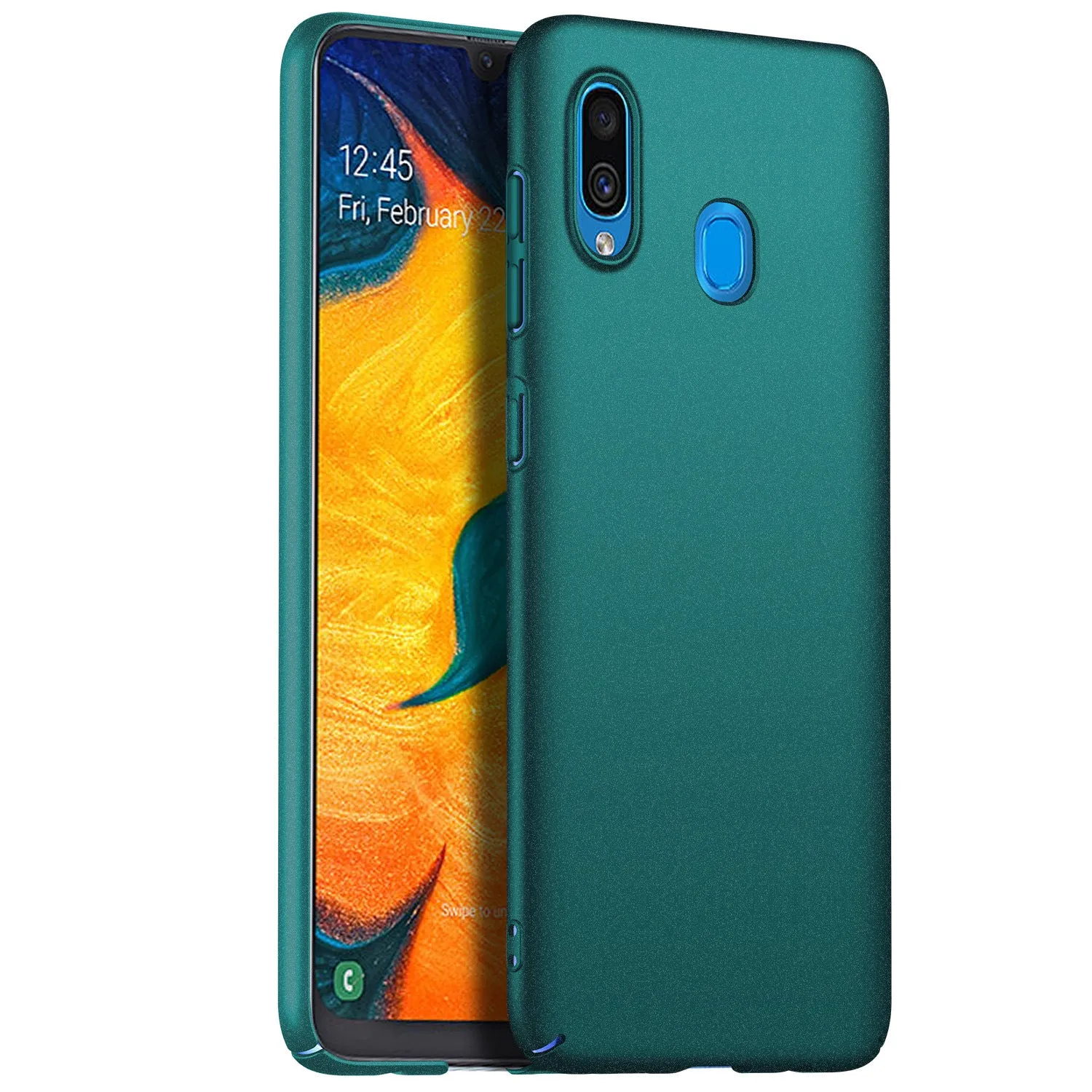 Galaxy A20 frosted PC phone case in Graphite Black shown as back cover