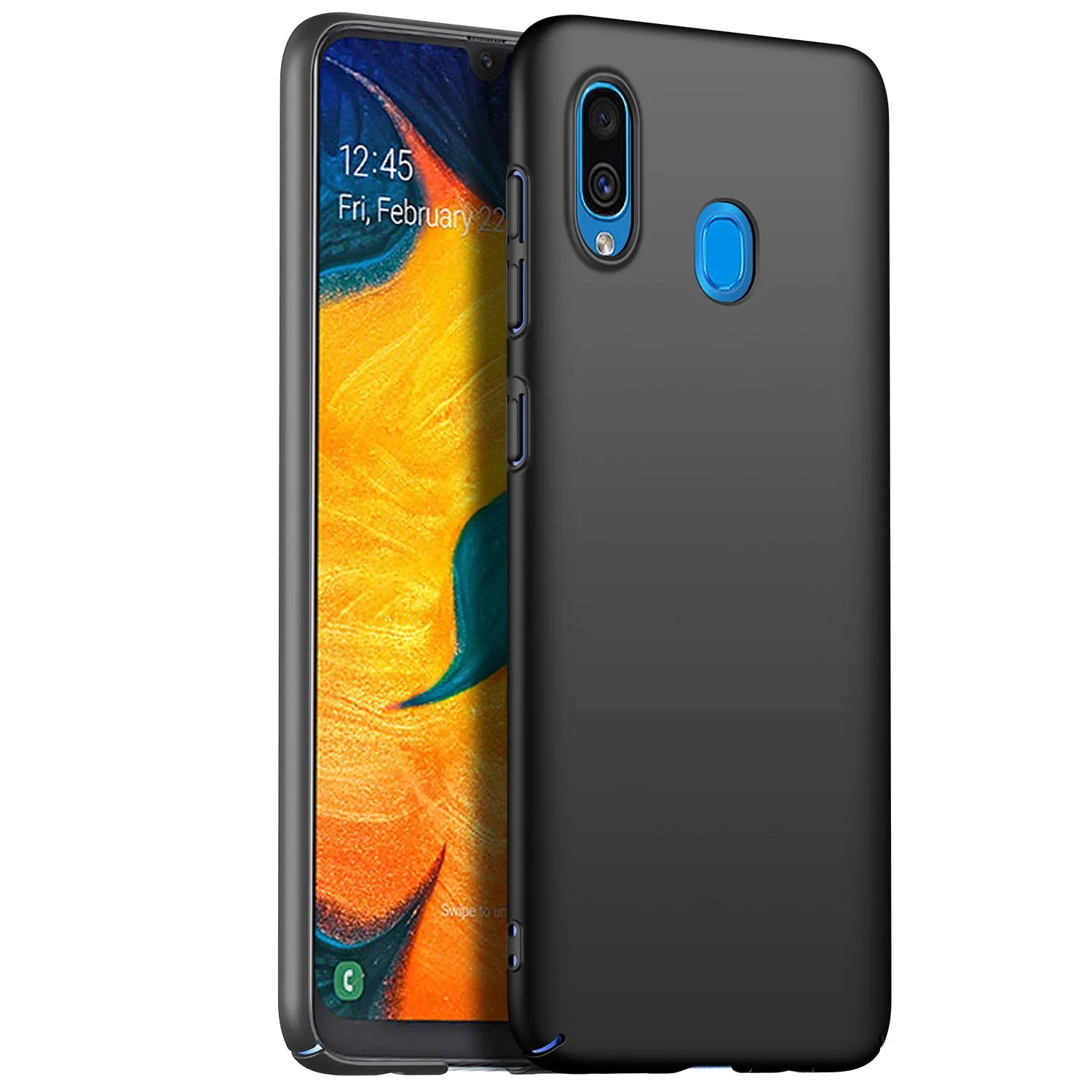 Galaxy A20 frosted PC phone case in Graphite Black shown as back cover