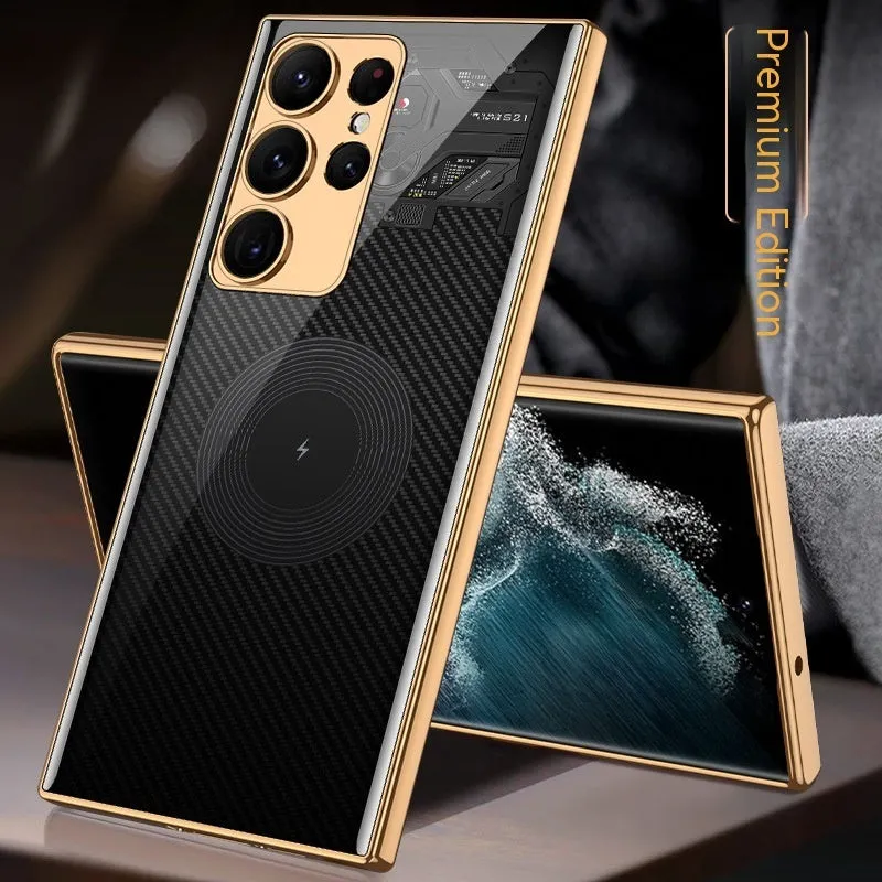 Samsung S22 Plus soft edge electroplated glass TPU phone case in gold finish