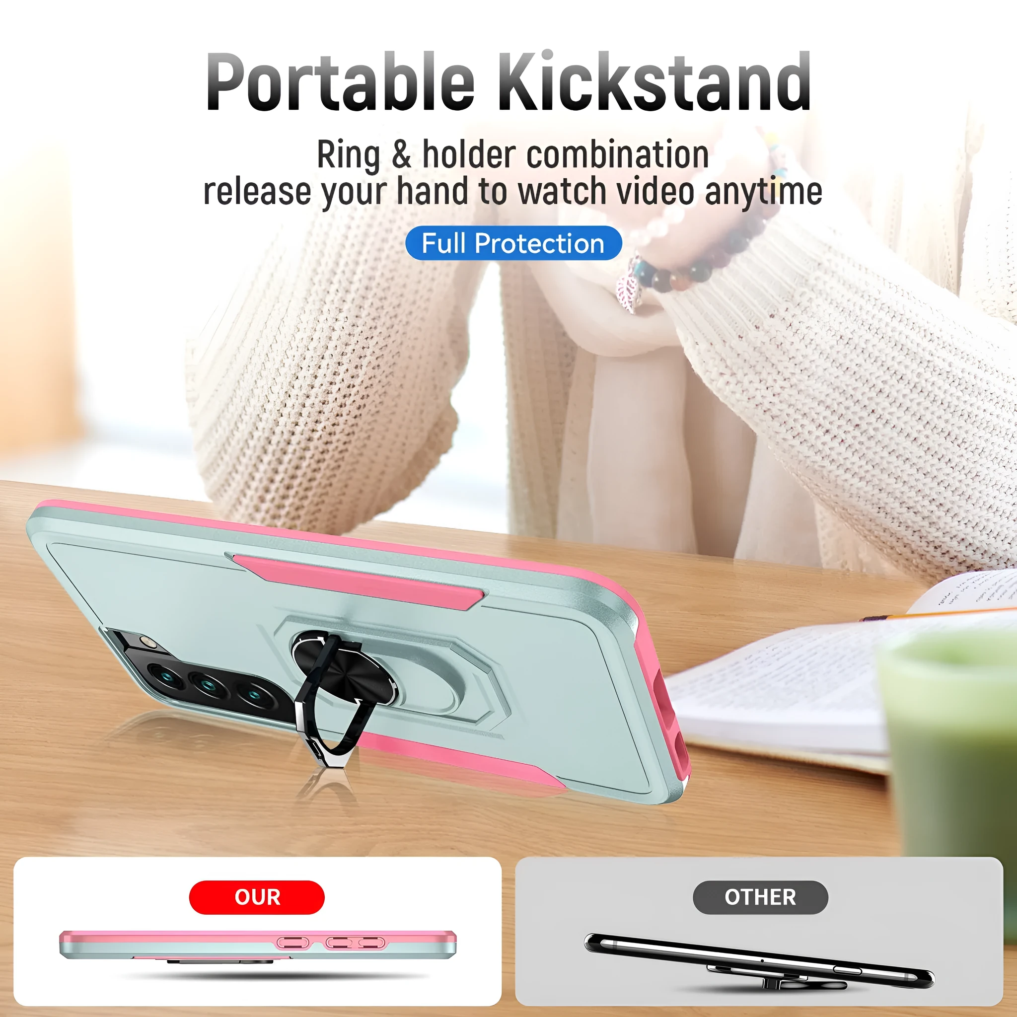Magnetic ring bracket drop-resistant phone case for Samsung A13 5G in black with contrast colour edge