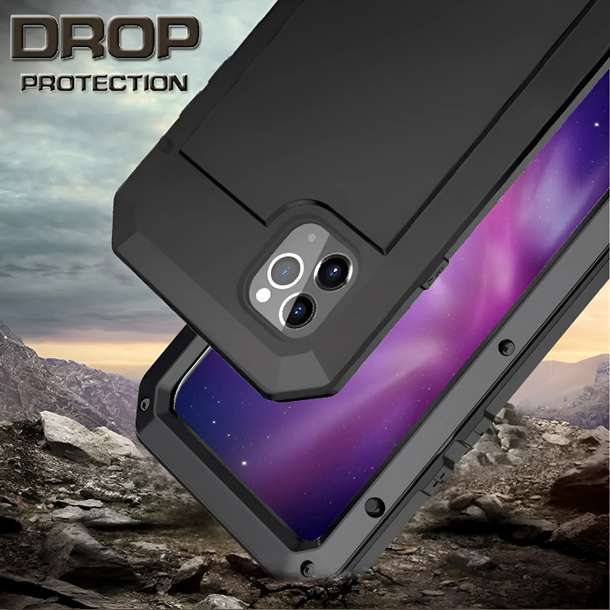 Metal three-proof phone case for iPhone in black, all-inclusive design with cutouts for ports and camera