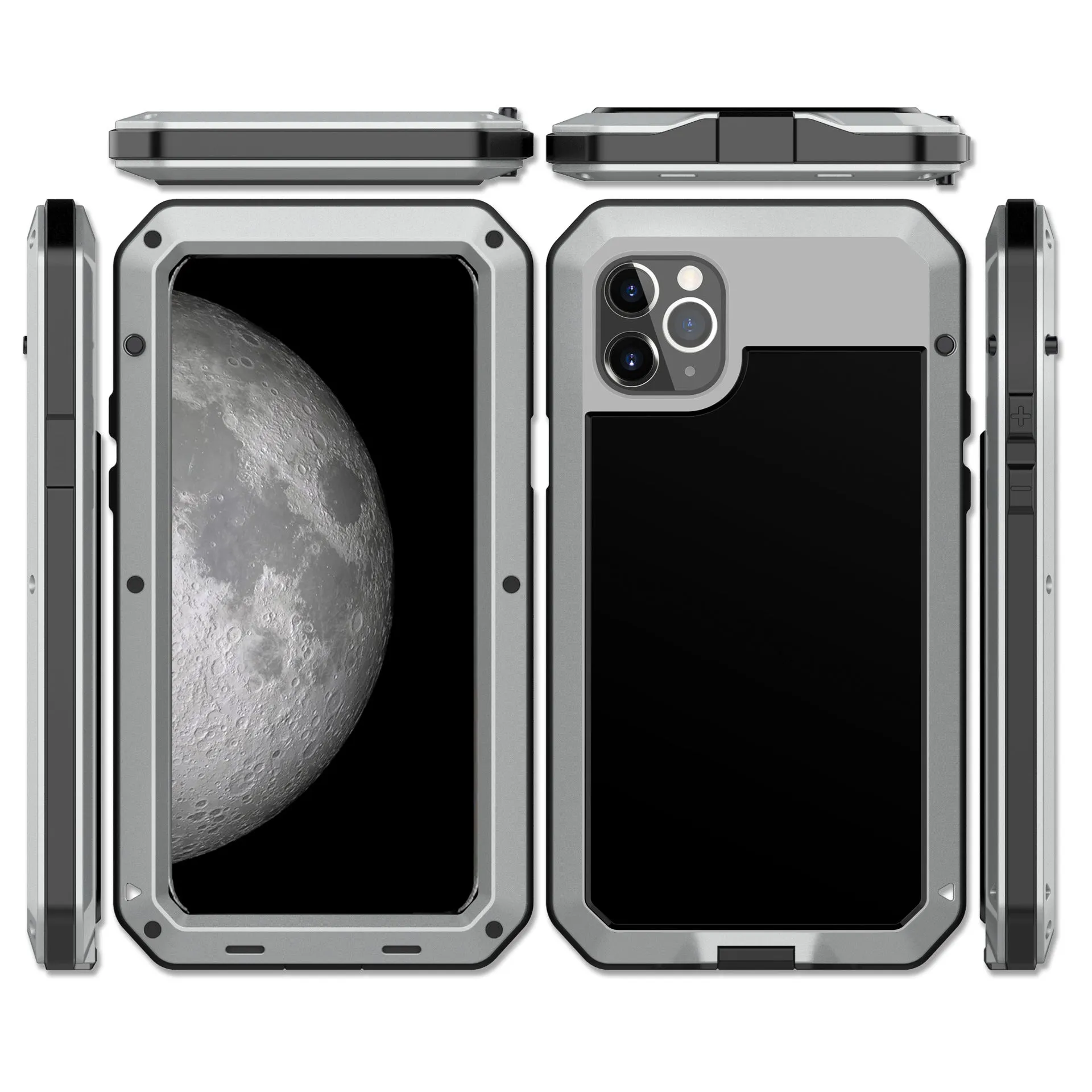 Metal three-proof phone case for iPhone in black, all-inclusive design with cutouts for ports and camera