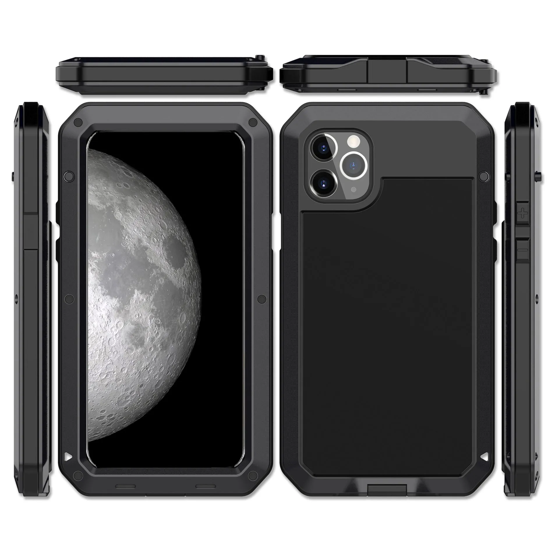 Metal three-proof phone case for iPhone in black, all-inclusive design with cutouts for ports and camera