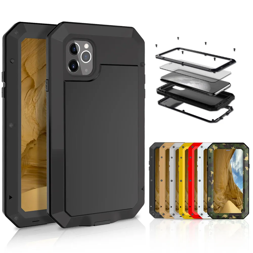 Metal three-proof phone case for iPhone in black, all-inclusive design with cutouts for ports and camera