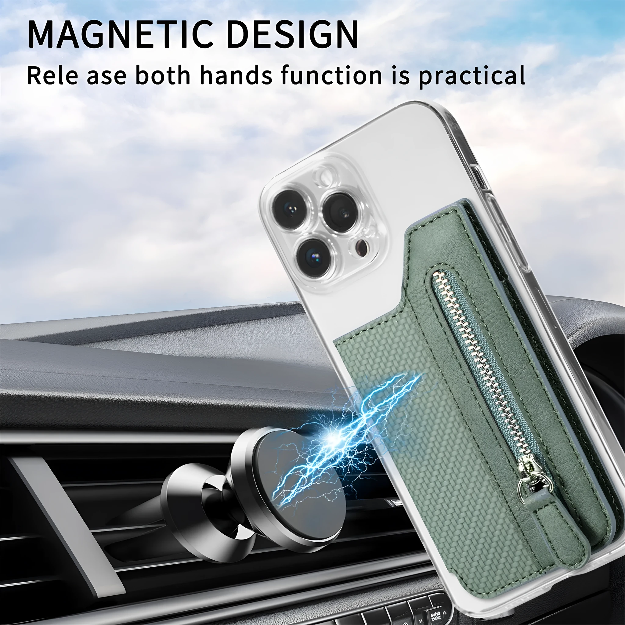 All-inclusive phone case with transparent TPU lens, PU card holder, and striped pattern for iPhone 13 Pro