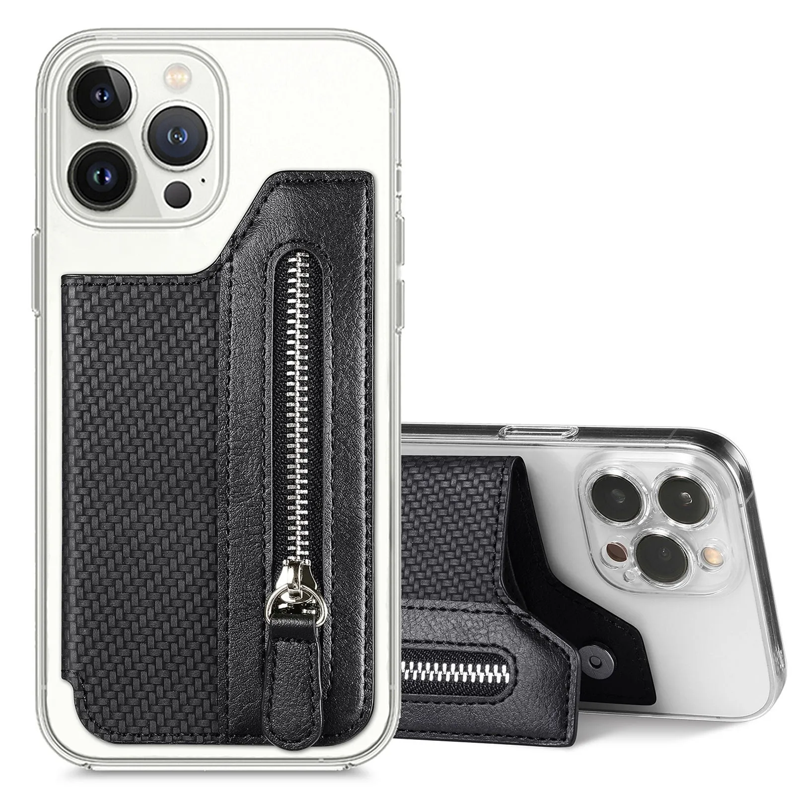 All-inclusive phone case with transparent TPU lens, PU card holder, and striped pattern for iPhone 13 Pro