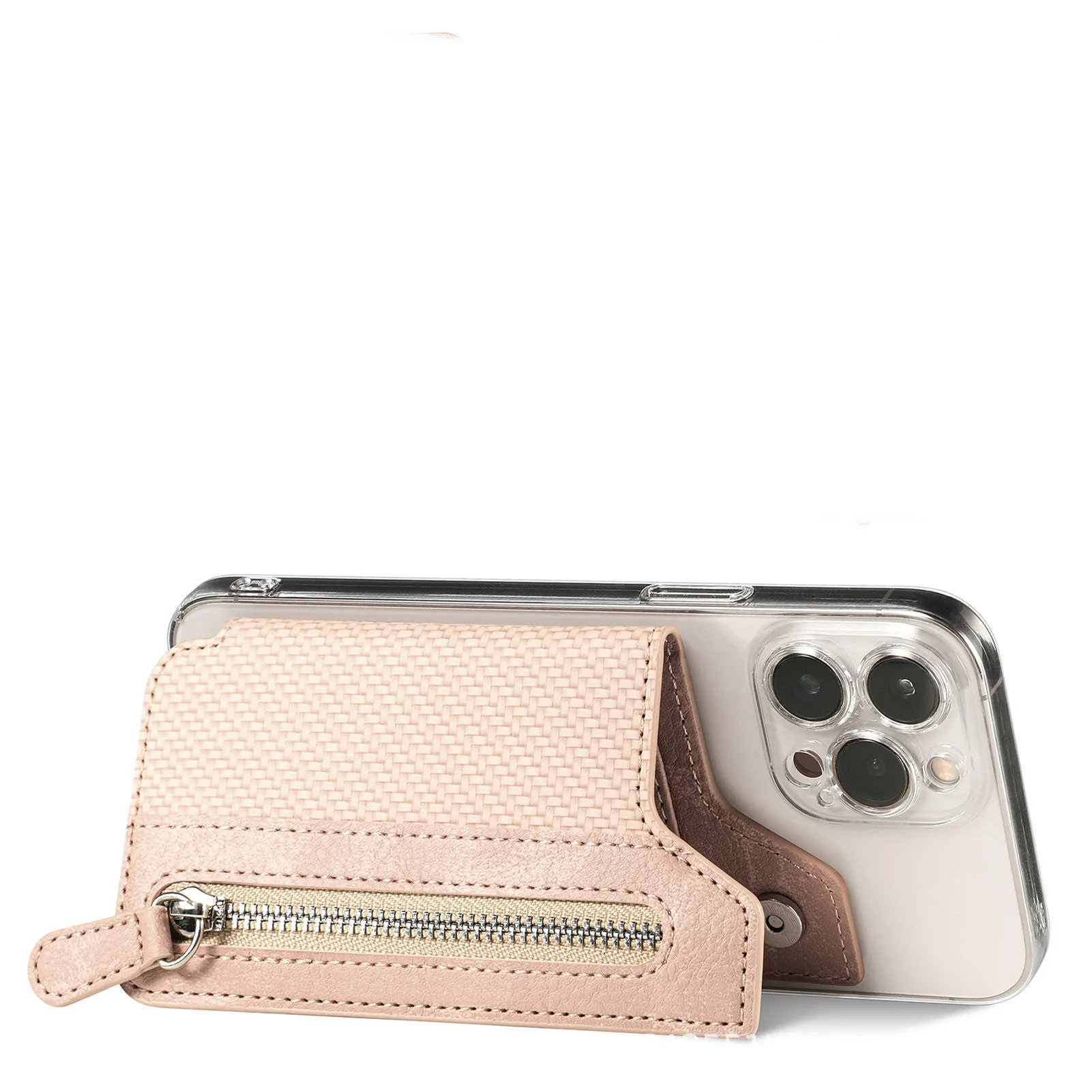 All-inclusive phone case with transparent TPU lens, PU card holder, and striped pattern for iPhone 13 Pro