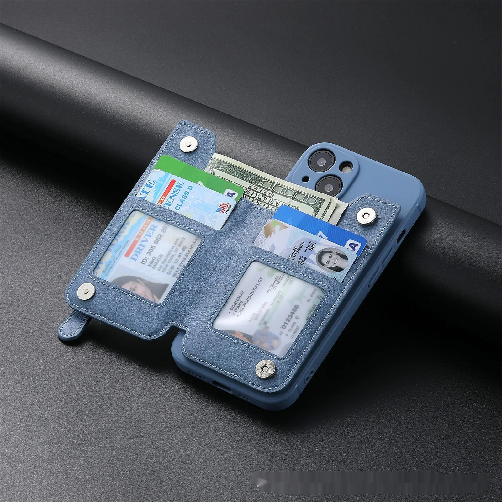 All-inclusive phone case with transparent TPU lens, PU card holder, and striped pattern for iPhone 13 Pro