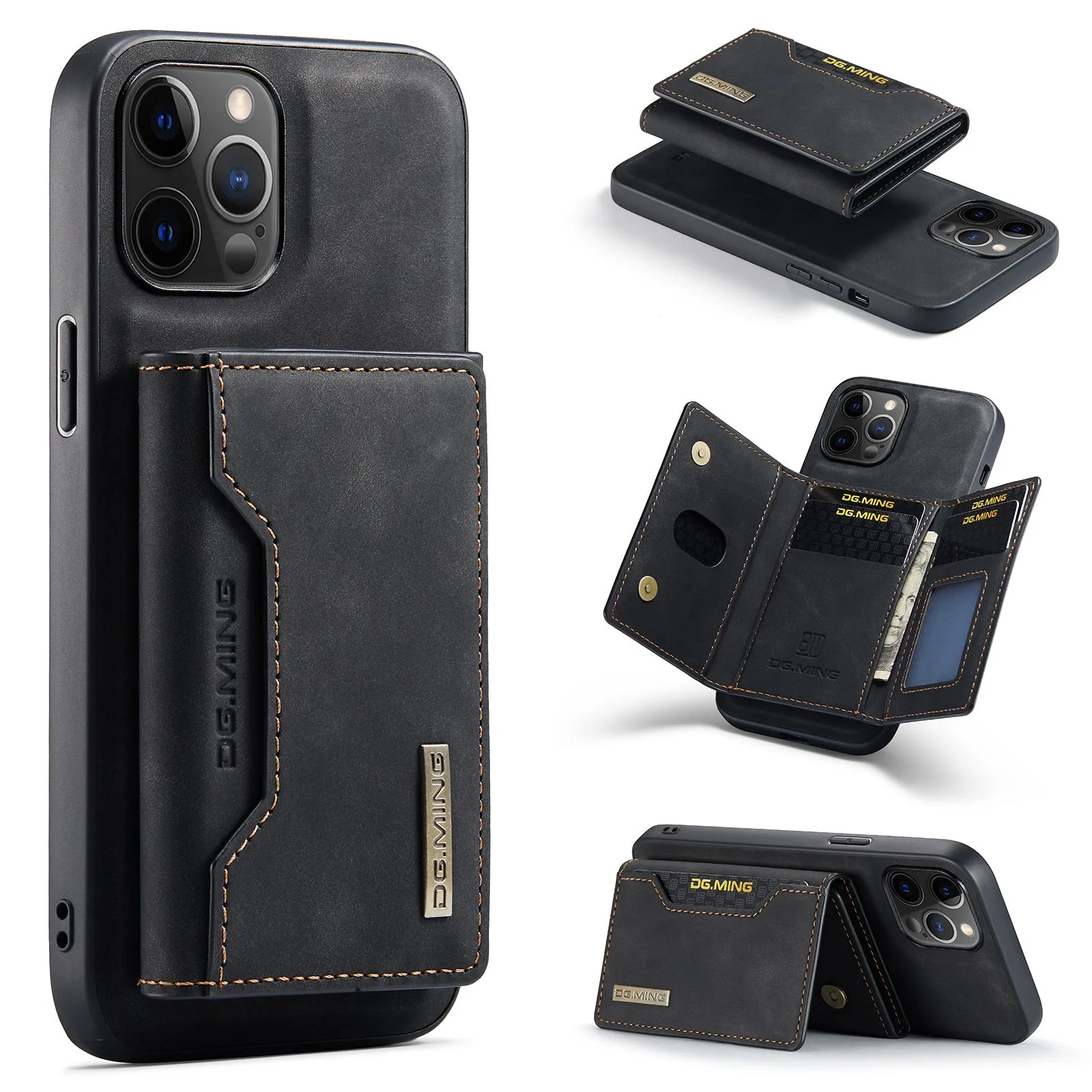 Magnetic card holder phone case for Apple iPhone, handmade PU split protection with magnetic attraction, combination black colour