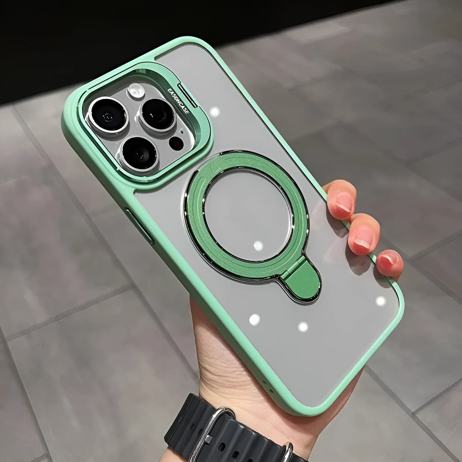 Magnetic suction silicone phone case for Apple iPhone with integrated lens cover bracket in Cangling Green