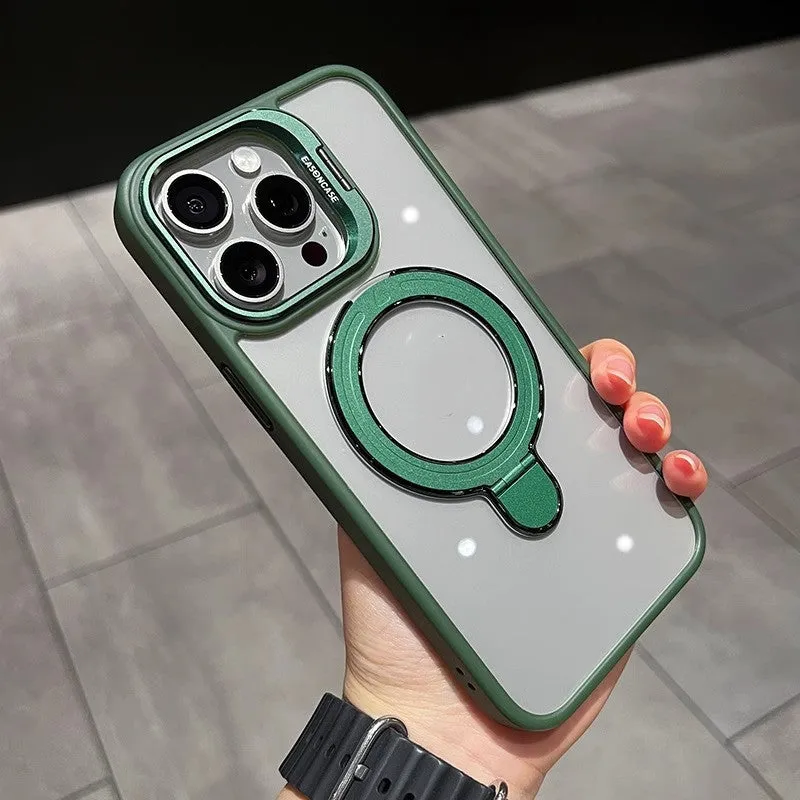 Magnetic suction silicone phone case for Apple iPhone with integrated lens cover bracket in Cangling Green