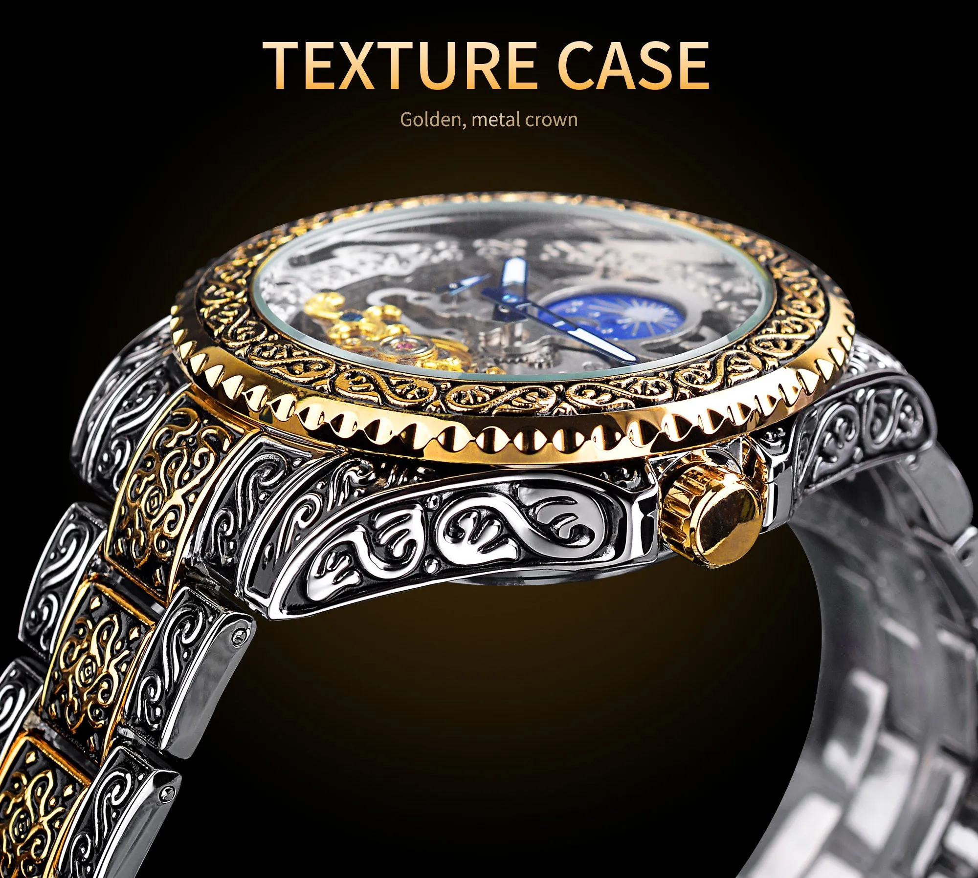 Yellow Forsining skeleton tourbillon mechanical watch with stainless steel case and bracelet