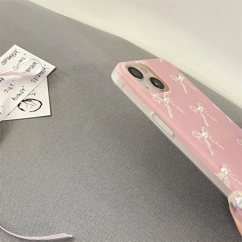 Pink Girl Pearl Bow Stereo Phone Case with three-dimensional pearl dot bow decoration for iPhone 13 Pro Max