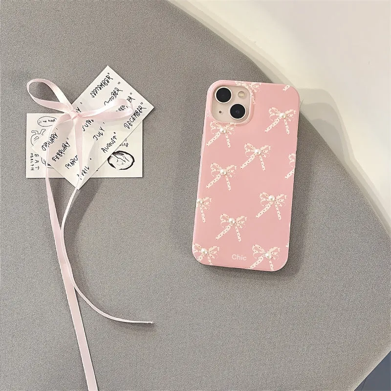 Pink Girl Pearl Bow Stereo Phone Case with three-dimensional pearl dot bow decoration for iPhone 13 Pro Max