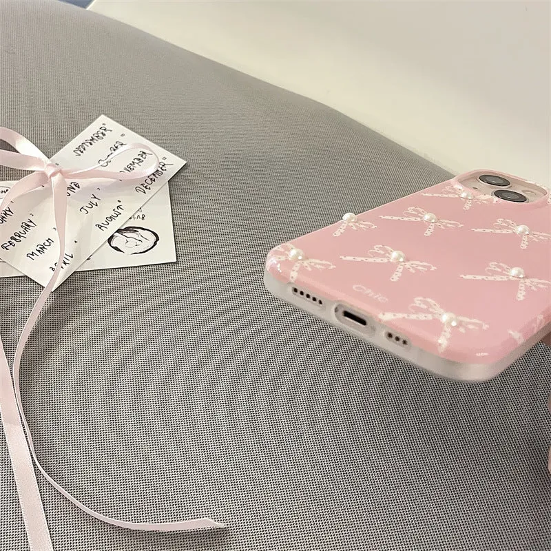 Pink Girl Pearl Bow Stereo Phone Case with three-dimensional pearl dot bow decoration for iPhone 13 Pro Max