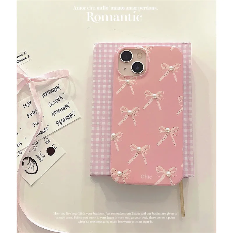 Pink Girl Pearl Bow Stereo Phone Case with three-dimensional pearl dot bow decoration for iPhone 13 Pro Max