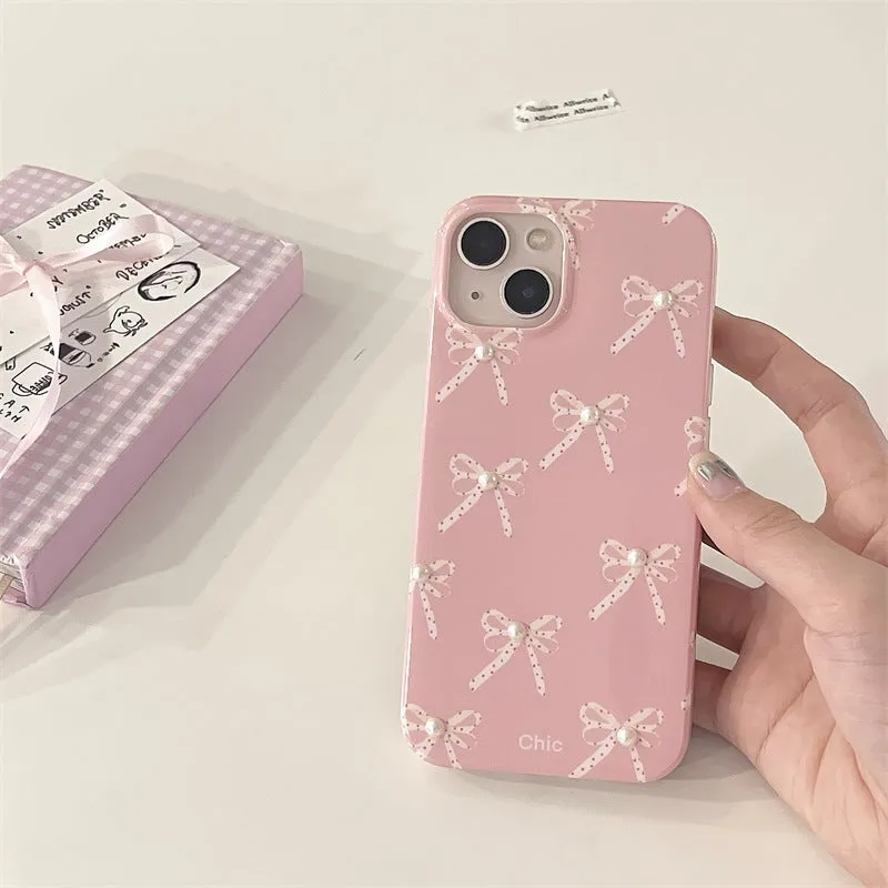 Pink Girl Pearl Bow Stereo Phone Case with three-dimensional pearl dot bow decoration for iPhone 13 Pro Max