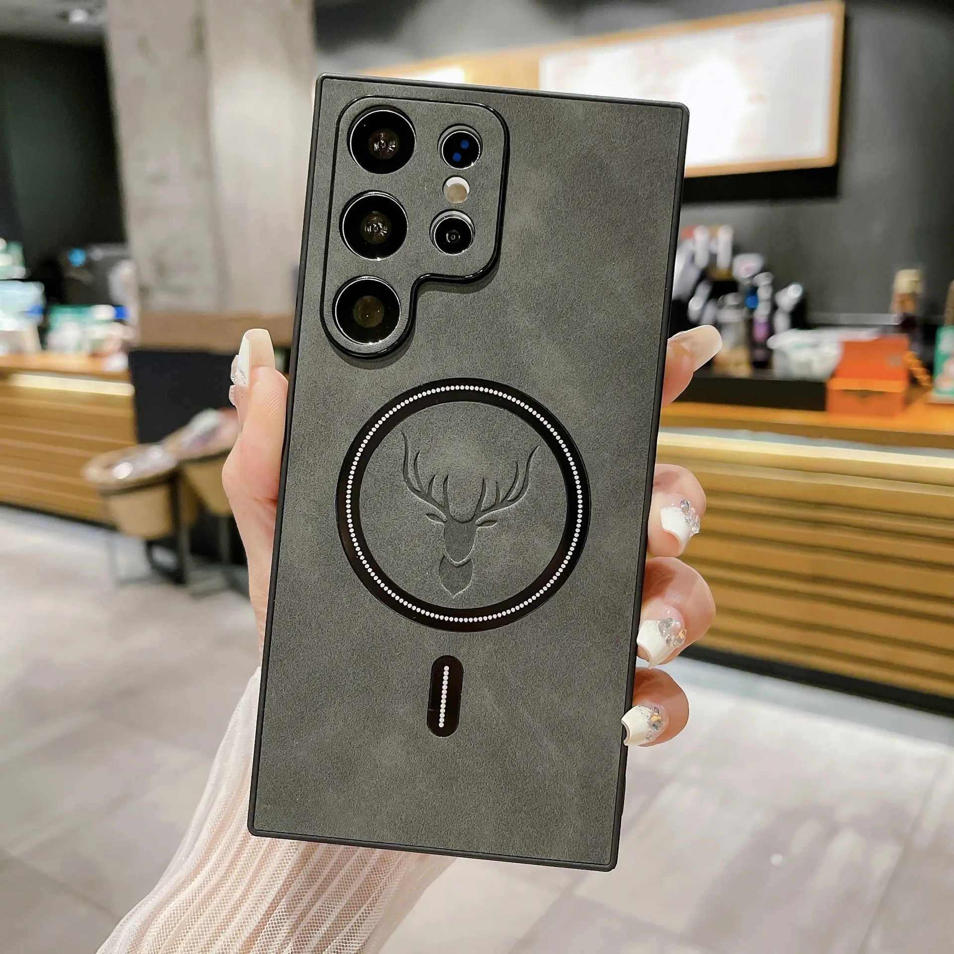 S23 magnetic wireless charger phone case with embossed deer head leather pattern, PC TPU back cover for Samsung