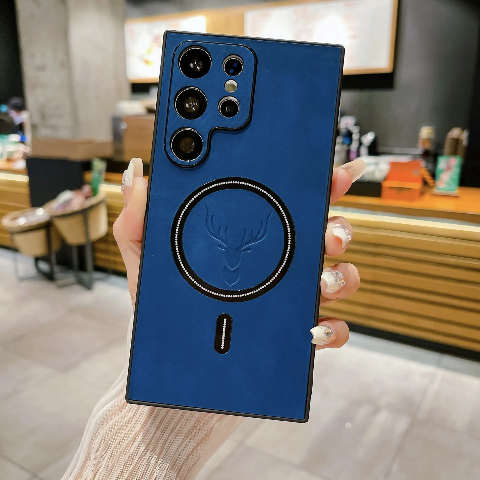 S23 magnetic wireless charger phone case with embossed deer head leather pattern, PC TPU back cover for Samsung