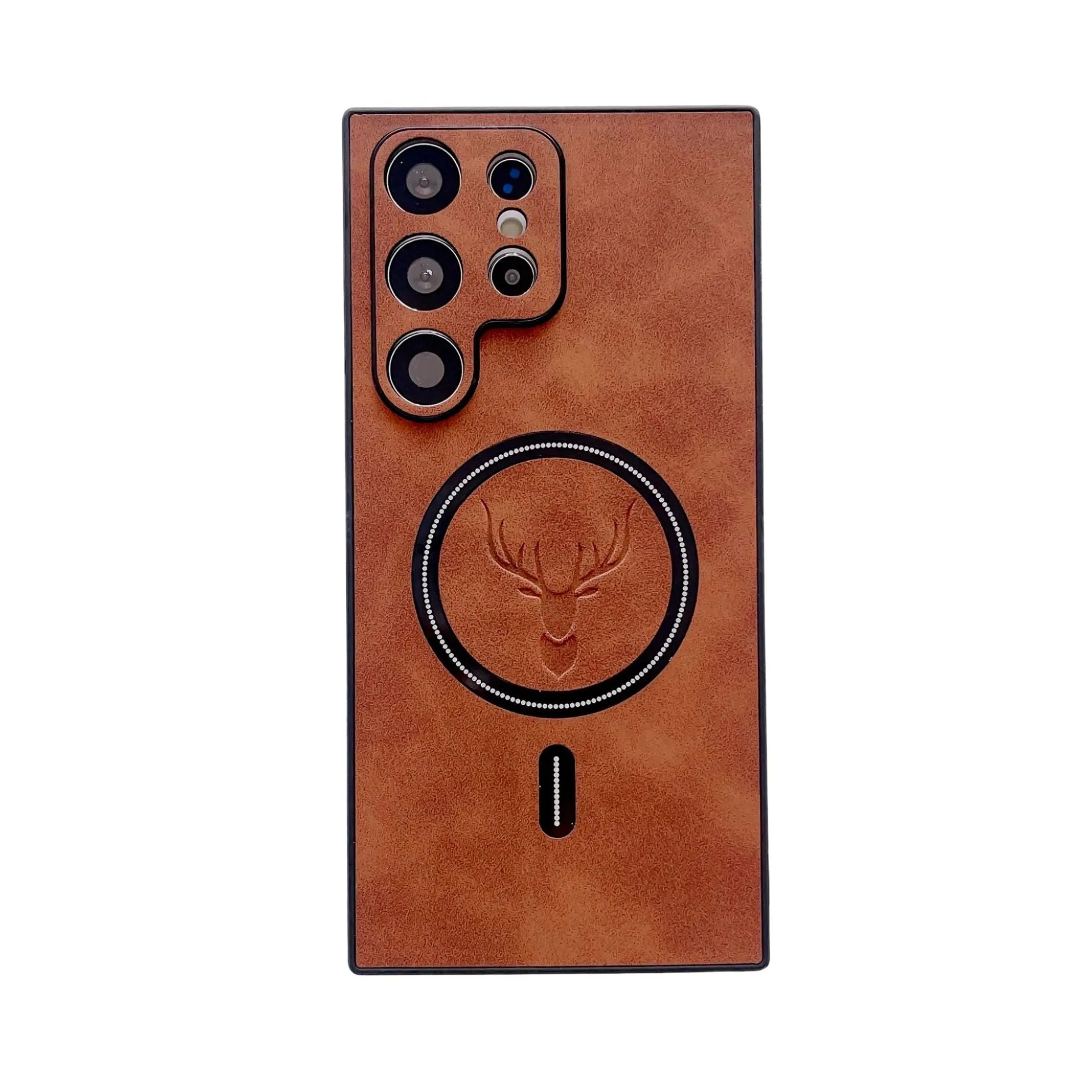 S23 magnetic wireless charger phone case with embossed deer head leather pattern, PC TPU back cover for Samsung