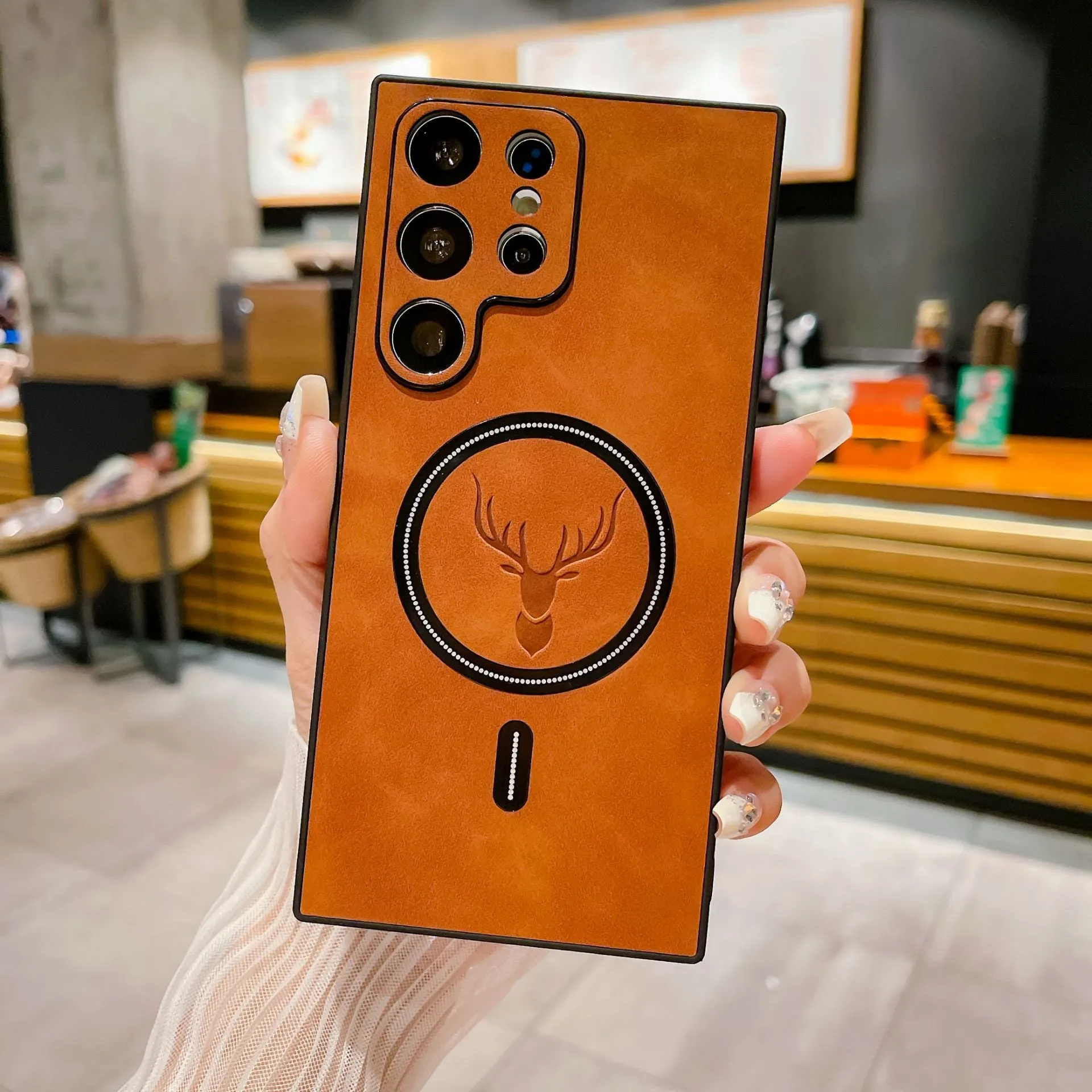 S23 magnetic wireless charger phone case with embossed deer head leather pattern, PC TPU back cover for Samsung