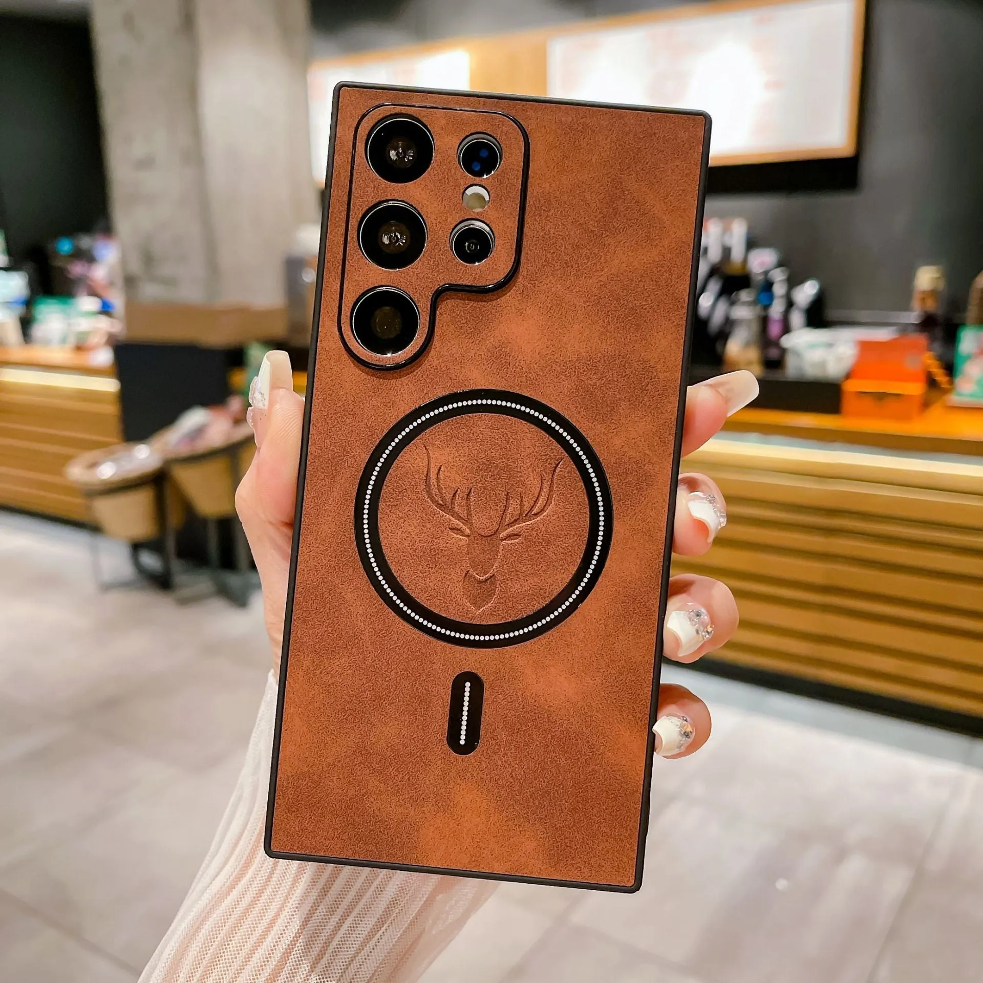 S23 magnetic wireless charger phone case with embossed deer head leather pattern, PC TPU back cover for Samsung