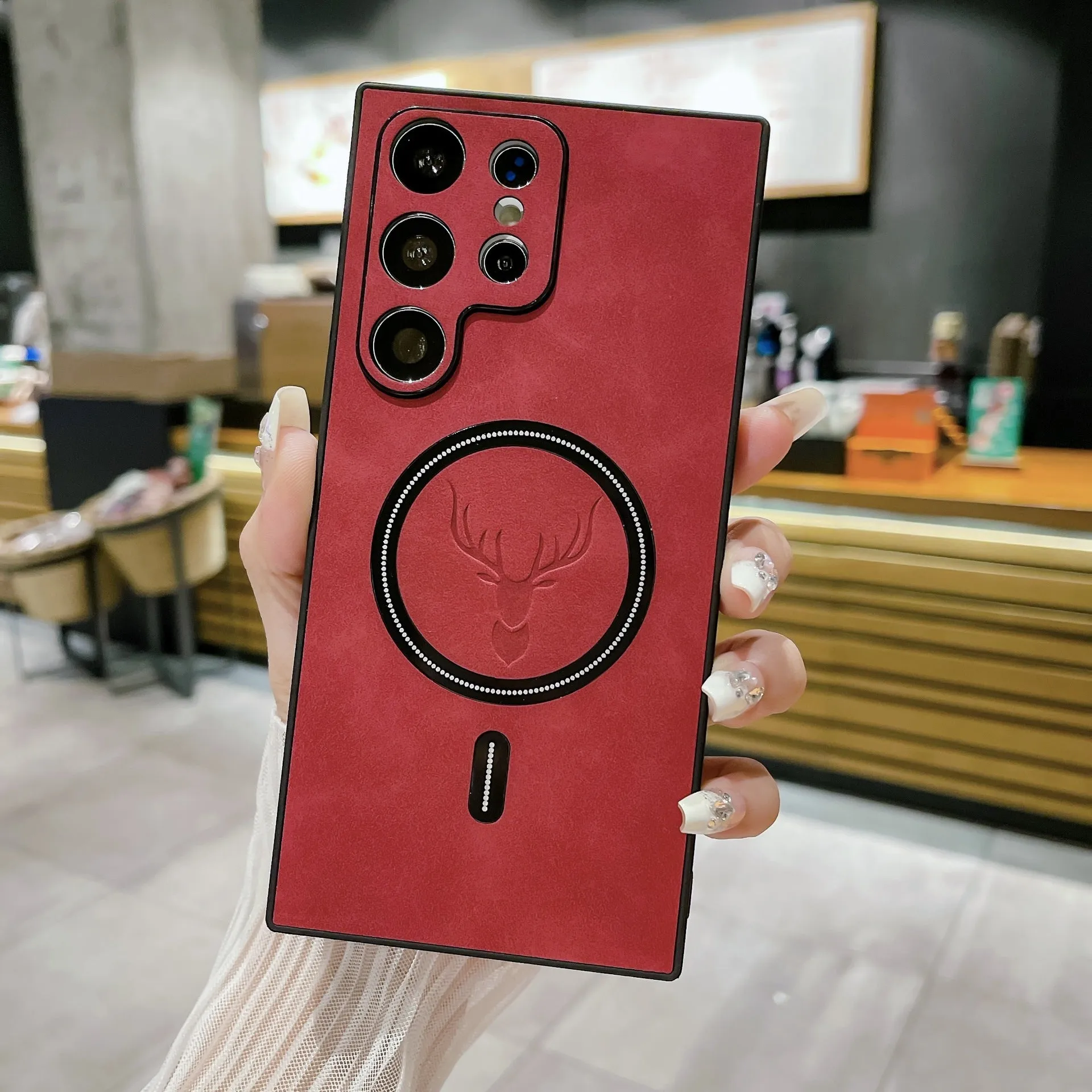 S23 magnetic wireless charger phone case with embossed deer head leather pattern, PC TPU back cover for Samsung