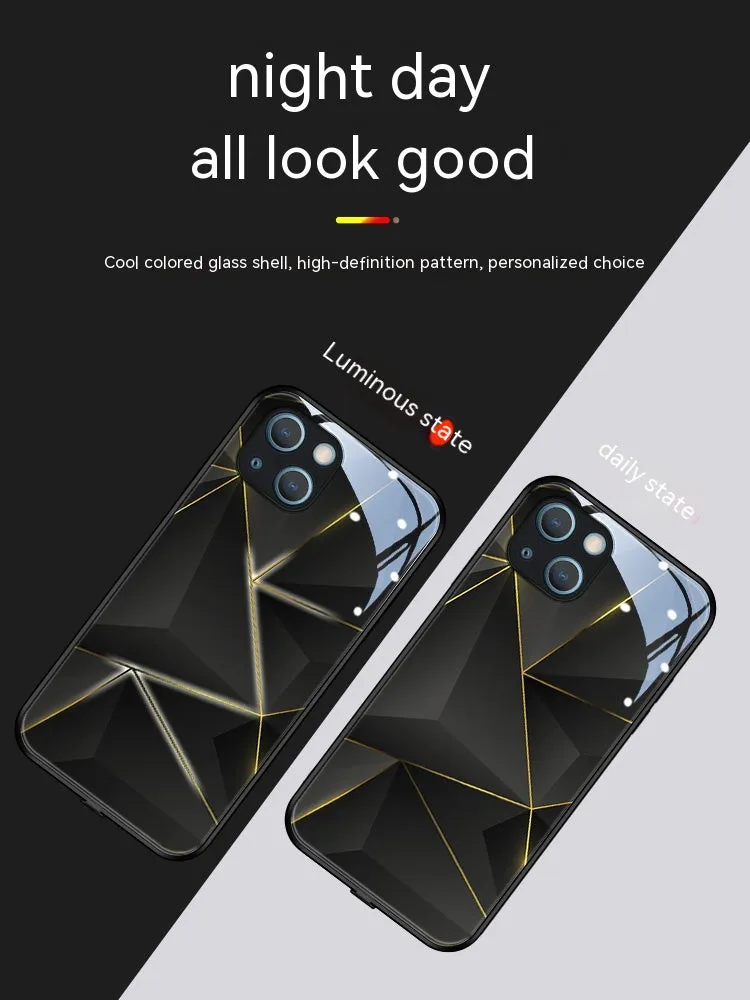 Geometric prism luminous tempered glass phone case for iPhone 15 14 13 12 11 in black colour