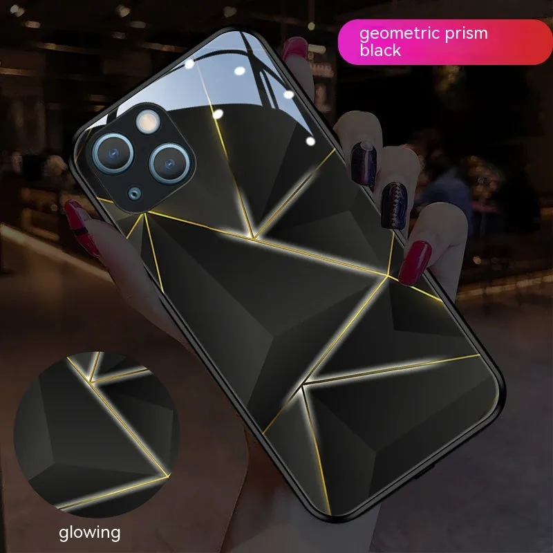 Geometric prism luminous tempered glass phone case for iPhone 15 14 13 12 11 in black colour