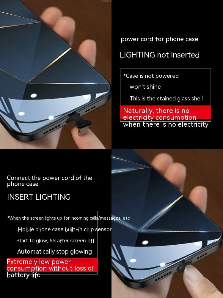 Geometric prism luminous tempered glass phone case for iPhone 15 14 13 12 11 in black colour