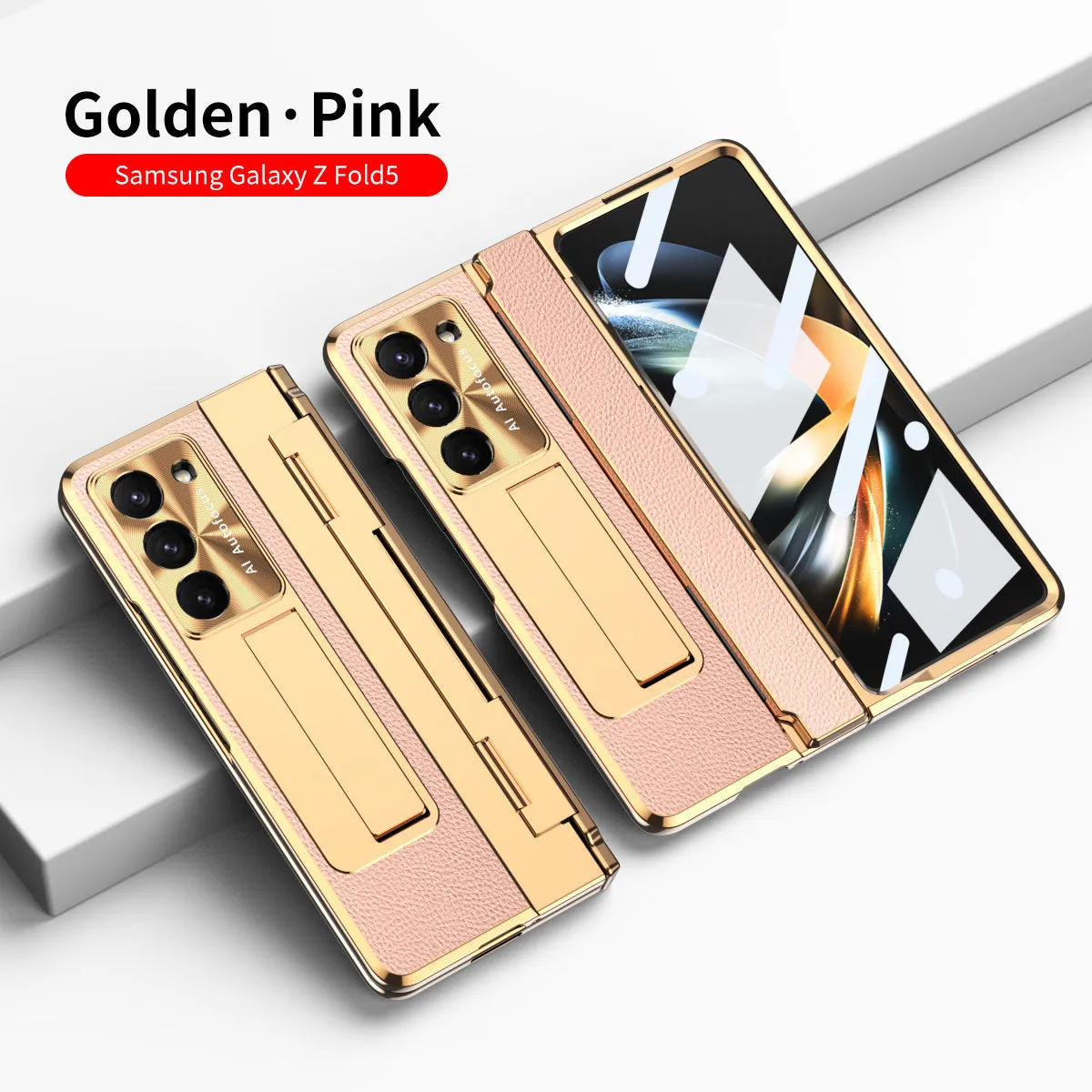 Samsung Fold flat hinge plain leather phone case with electroplating finish for FOLD3 FOLD4 FOLD5