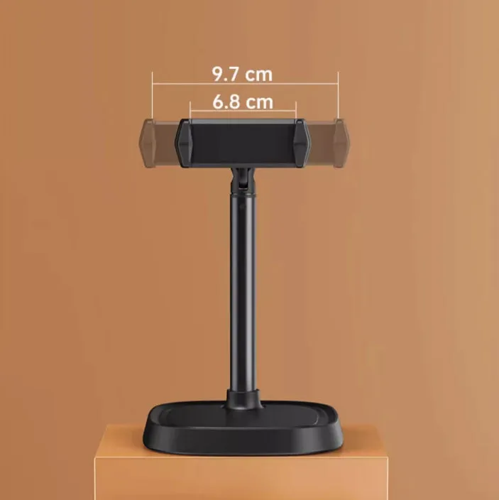 Retractable aluminium alloy phone bracket on desk with arm extended to 38cm, black colour option