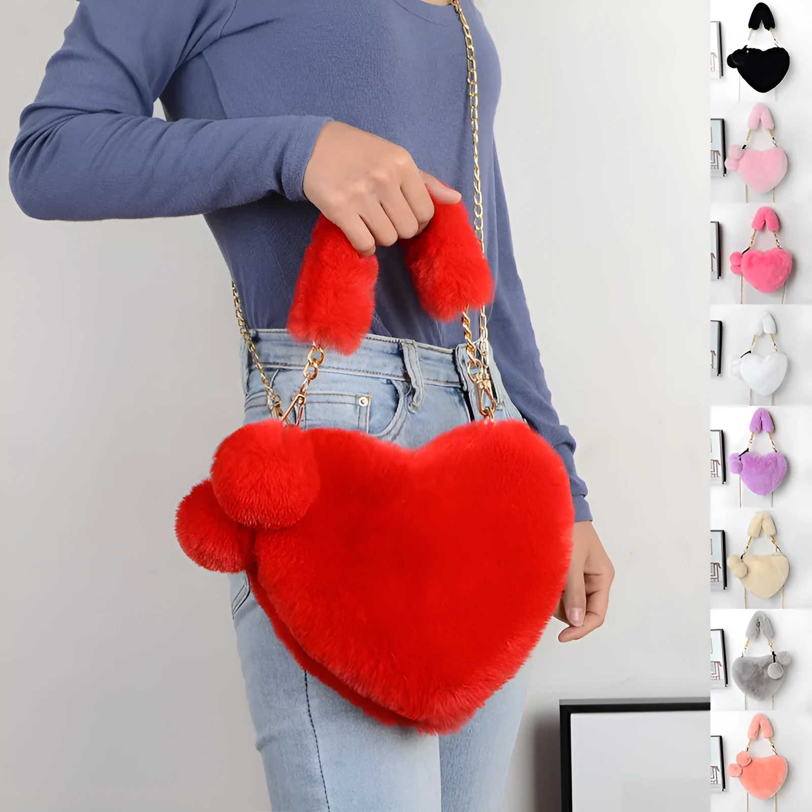 Women's soft plush heart-shaped handbag in medium size with adjustable shoulder strap