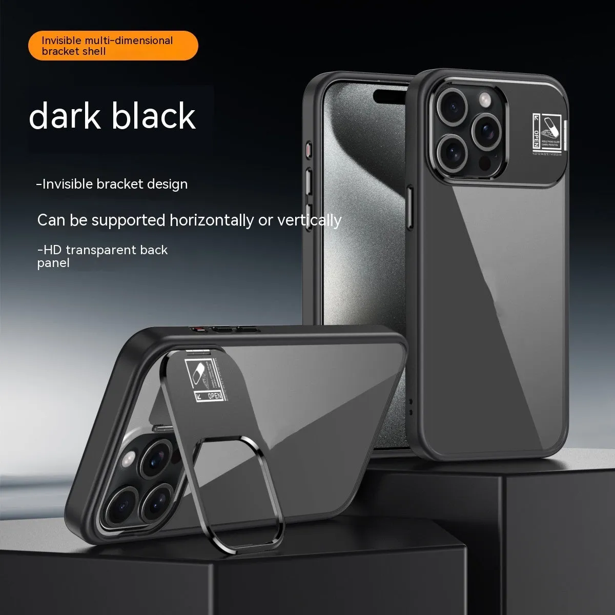 Creative simple stand phone case in acrylic for iPhone with built-in kickstand, available in multiple colours