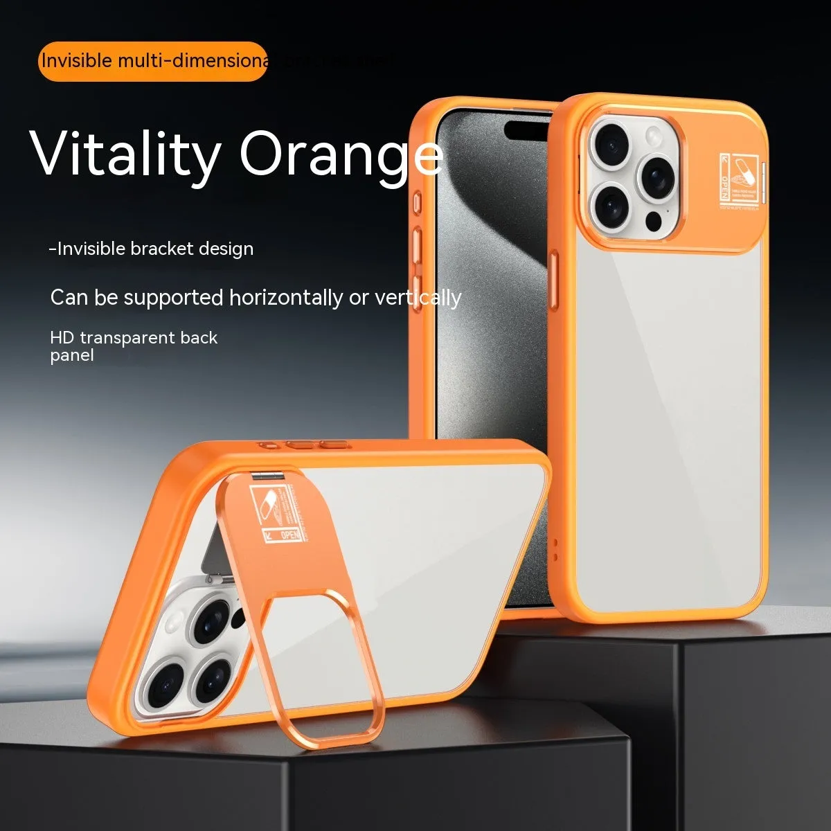 Creative simple stand phone case in acrylic for iPhone with built-in kickstand, available in multiple colours