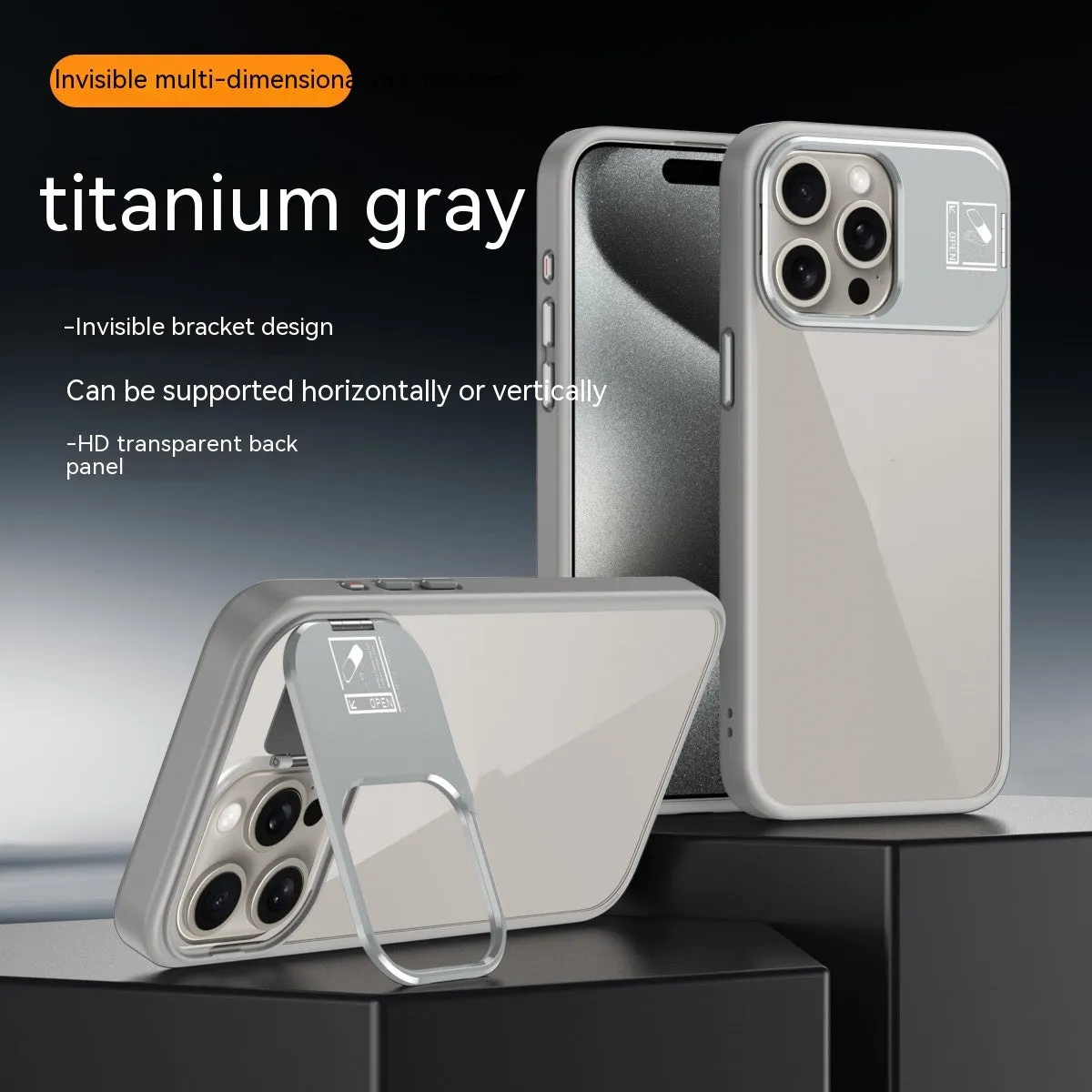 Creative simple stand phone case in acrylic for iPhone with built-in kickstand, available in multiple colours