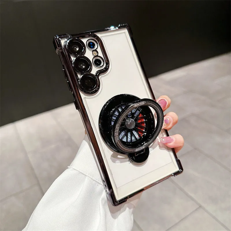 Samsung S23 phone case electroplated cool black with rotating gyro bracket and magnetic suction back