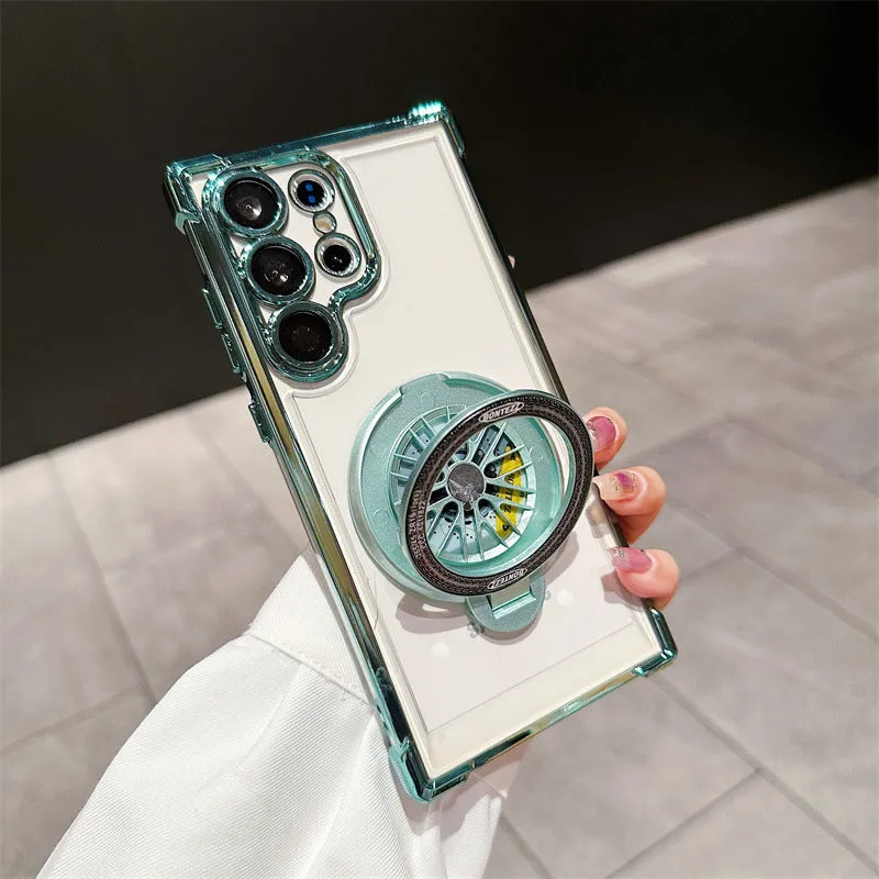 Samsung S23 phone case electroplated cool black with rotating gyro bracket and magnetic suction back