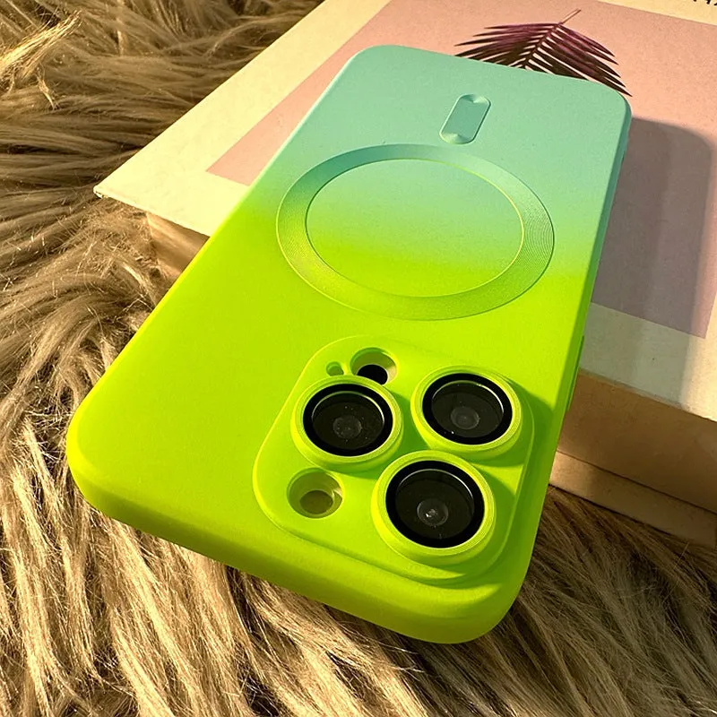 Liquid silicone two-tone gradient magnetic phone case for iPhone 15 series in blue green colour