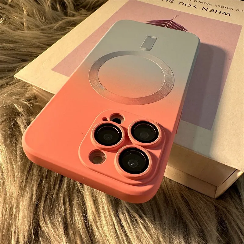 Liquid silicone two-tone gradient magnetic phone case for iPhone 15 series in blue green colour