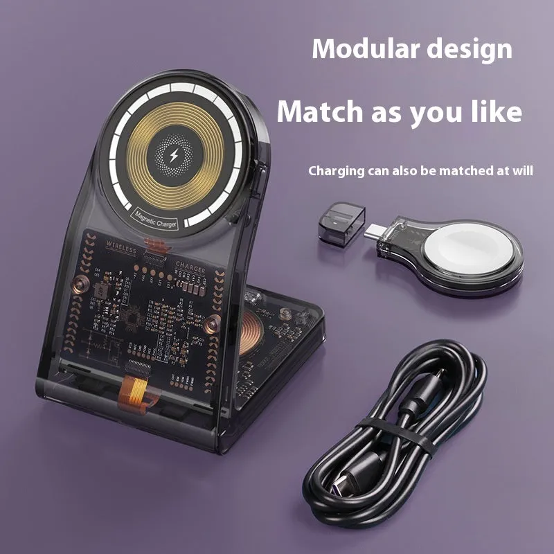 Transparent three-in-one wireless charger with magnetic stand and Type-C port charging a phone, watch, and earbuds
