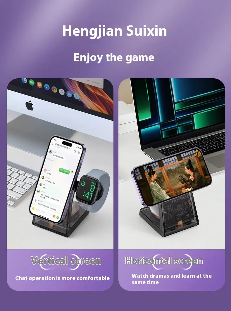 Transparent three-in-one wireless charger with magnetic stand and Type-C port charging a phone, watch, and earbuds