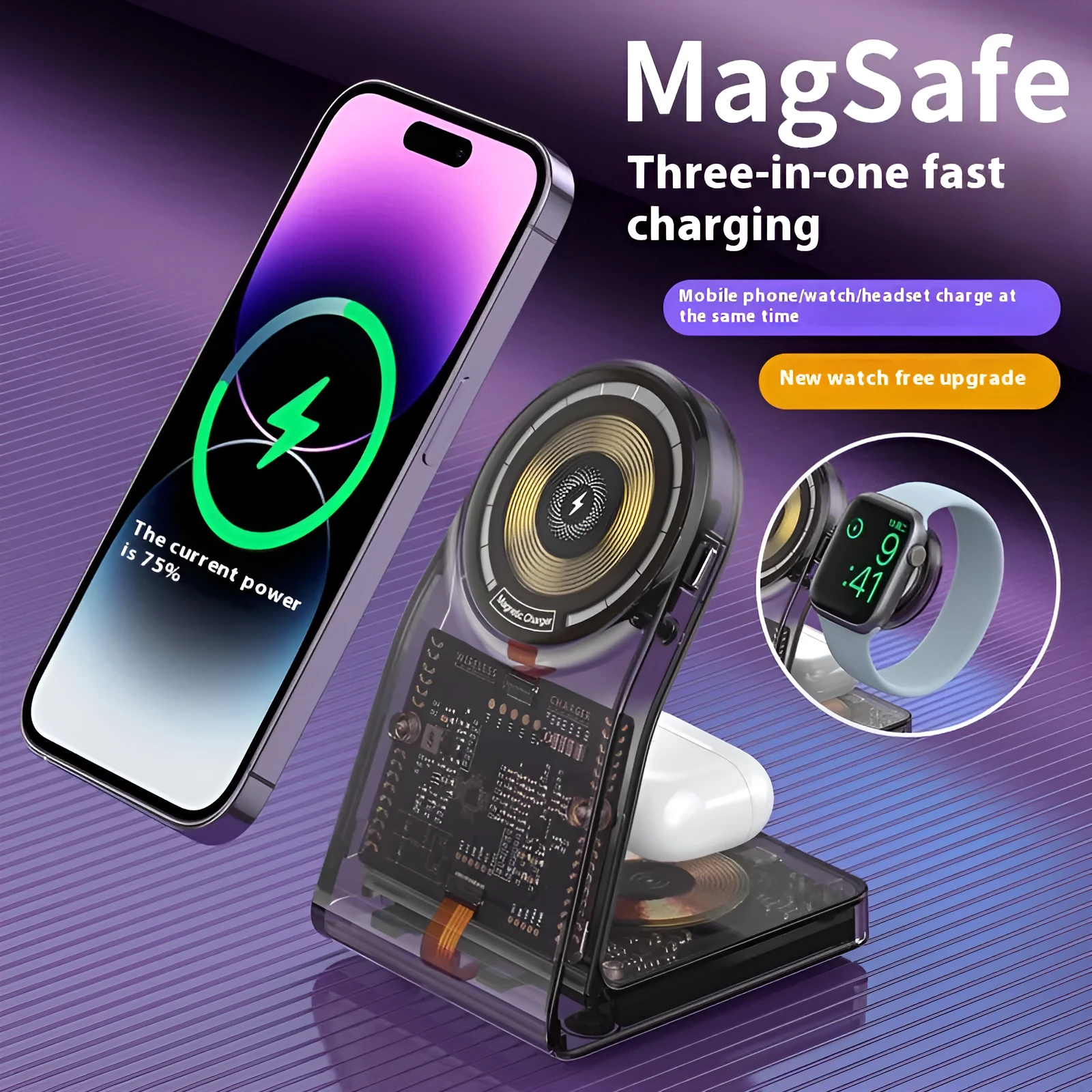 Transparent three-in-one wireless charger with magnetic stand and Type-C port charging a phone, watch, and earbuds