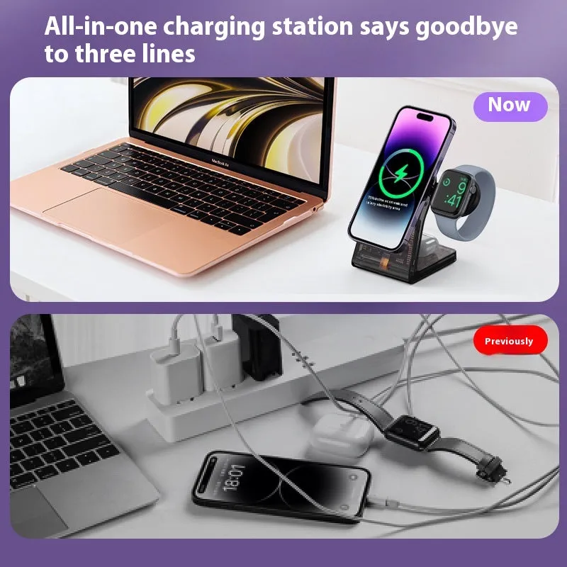 Transparent three-in-one wireless charger with magnetic stand and Type-C port charging a phone, watch, and earbuds