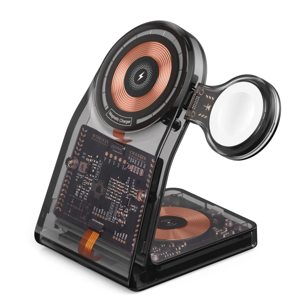 Transparent three-in-one wireless charger with magnetic stand and Type-C port charging a phone, watch, and earbuds
