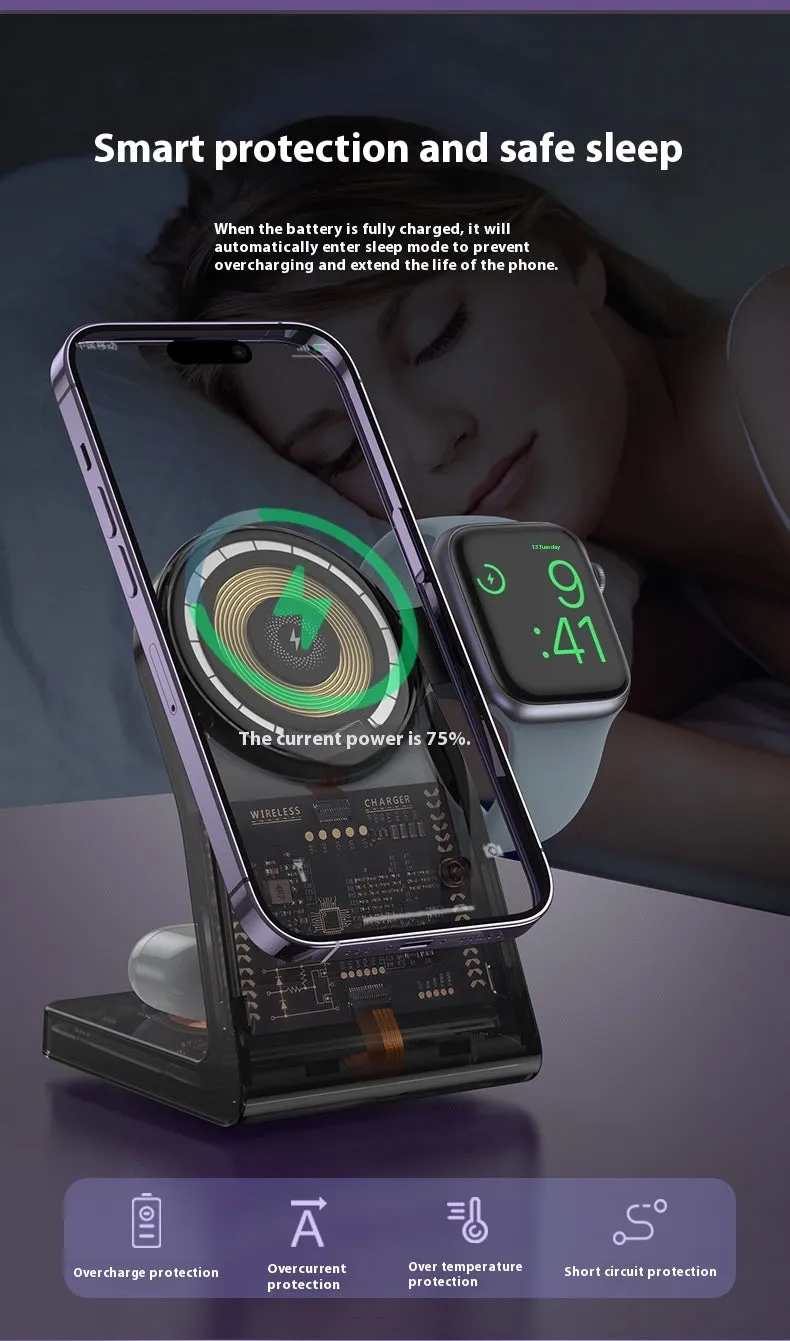 Transparent three-in-one wireless charger with magnetic stand and Type-C port charging a phone, watch, and earbuds