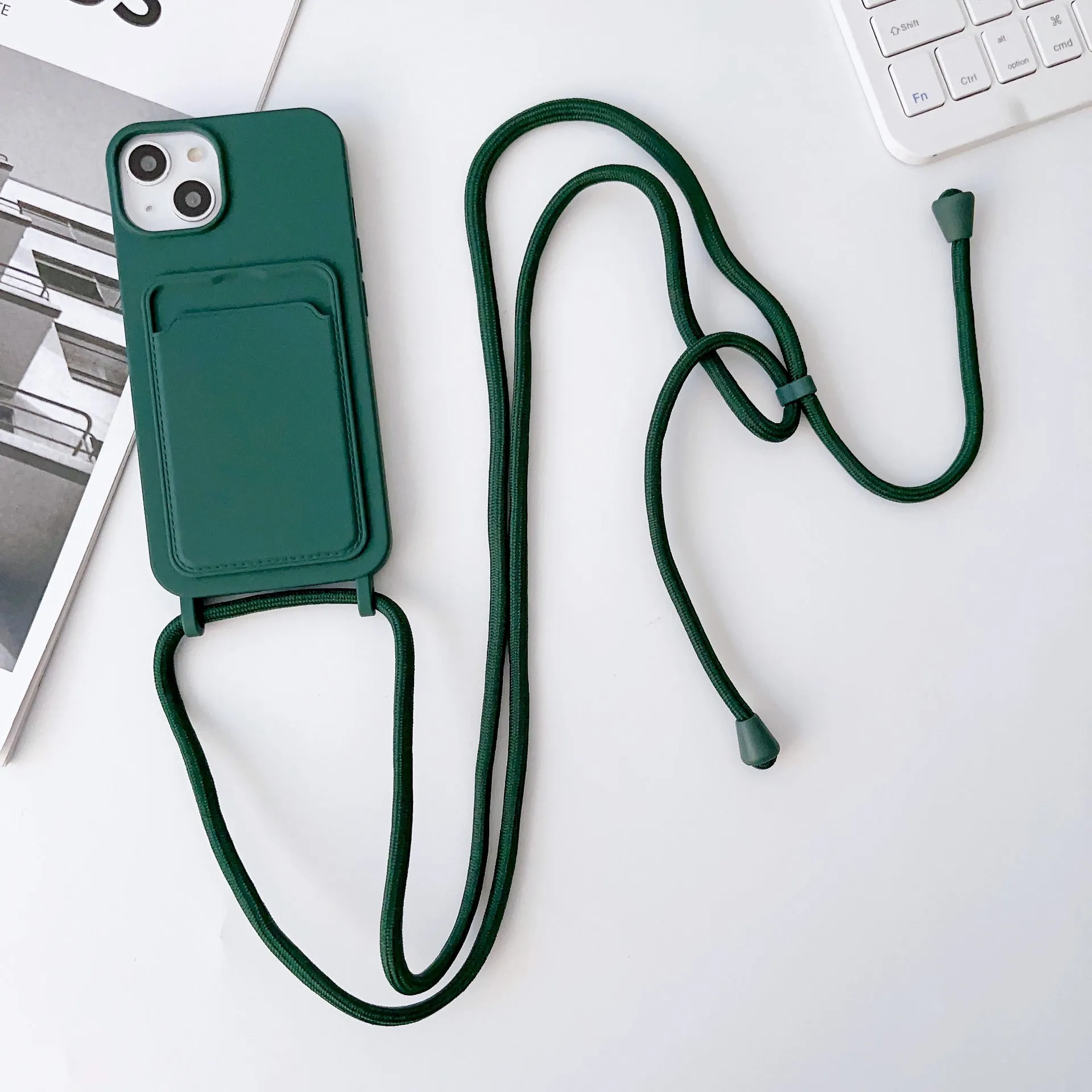 Cross body lanyard TPU phone case with card holder for Apple iPhone models, available in antique white, gray, and light pink