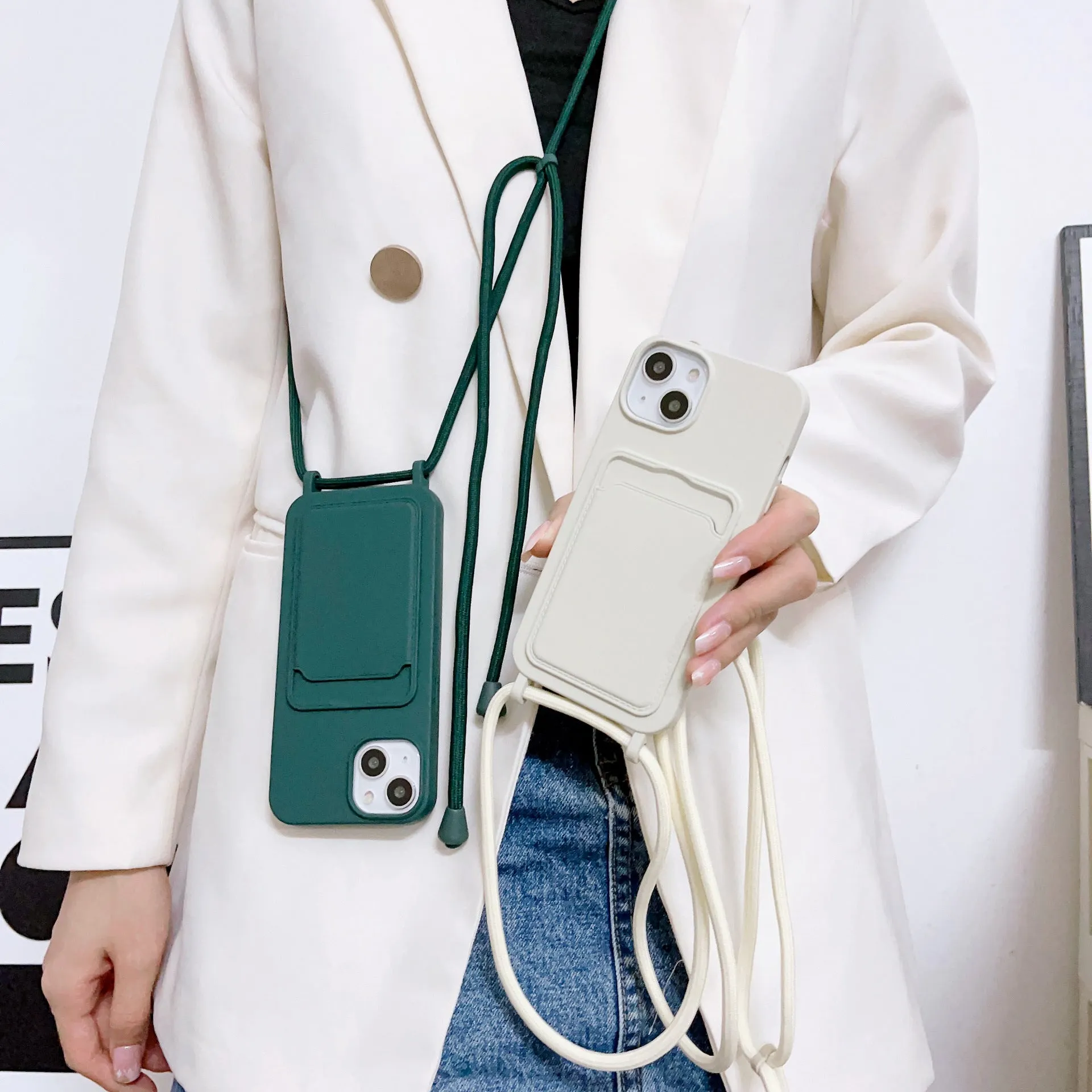 Cross body lanyard TPU phone case with card holder for Apple iPhone models, available in antique white, gray, and light pink