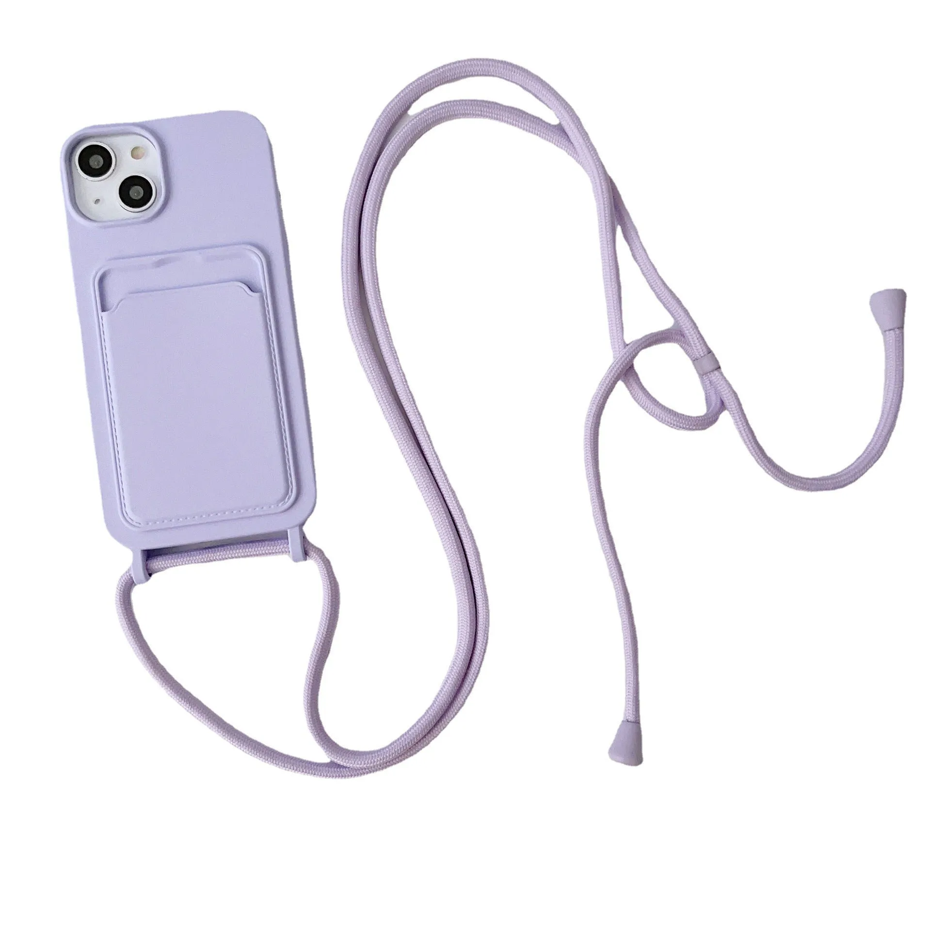 Cross body lanyard TPU phone case with card holder for Apple iPhone models, available in antique white, gray, and light pink